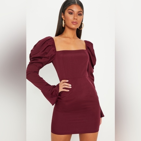 NWT PRETTY LITTLE THING Women’s Plum Square Neck Puff Sleeve Bodycon Dress Sz 2 - Picture 2 of 15